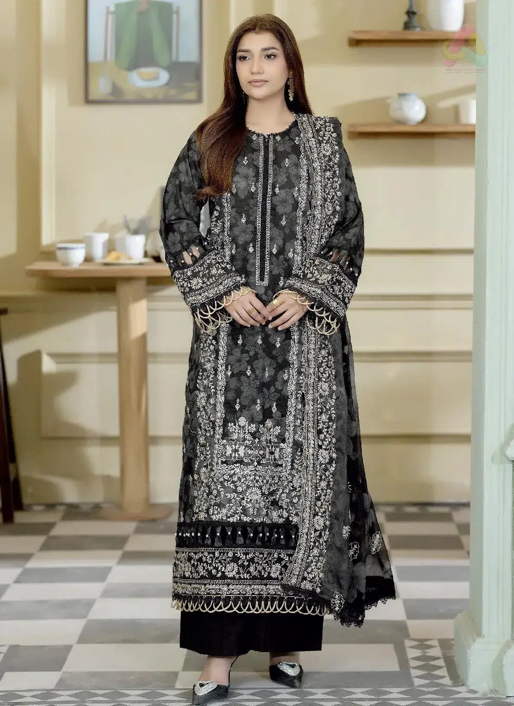 Johra Luxury Emb Lawn 3 Piece Suit- Black