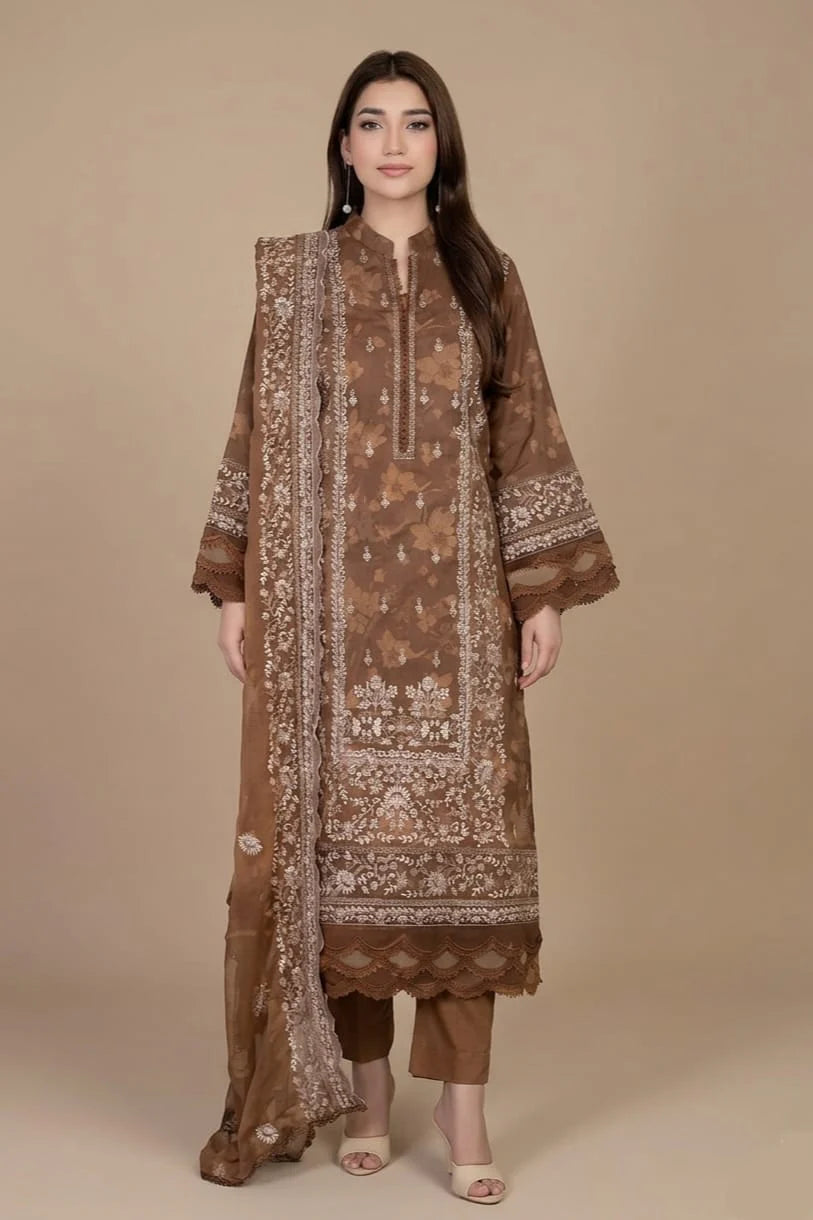 Johra Luxury Emb Lawn 3 Piece Suit- Brown