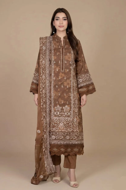 Johra Luxury Emb Lawn 3 Piece Suit- Brown