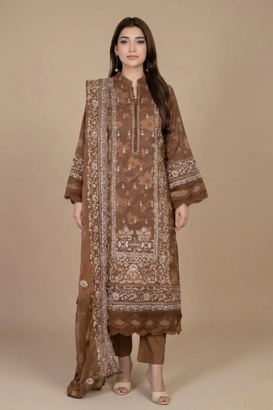 Johra Luxury Emb Lawn 3 Piece Suit- Brown