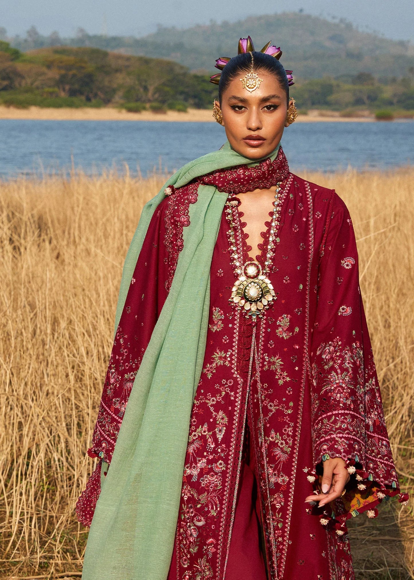 Hussain Rehar Embroidered Luxury Lawn 3 Piece-Mahogony