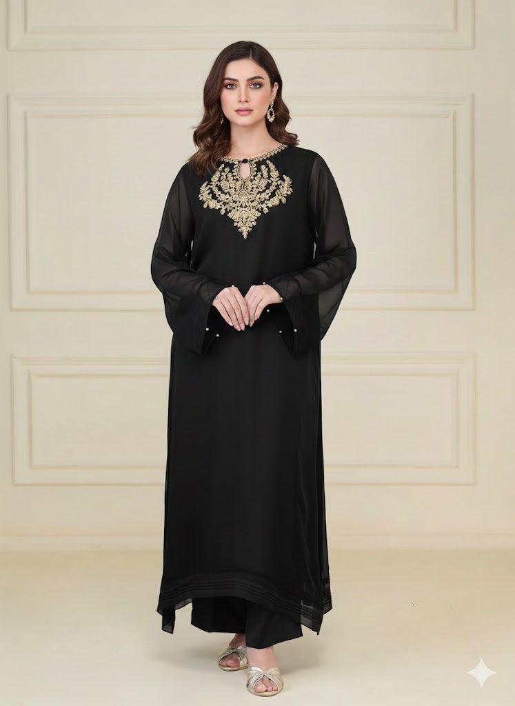 AGHANOOR PURE CHIFFON EMBROIDERED SHIRT AND SILK PANT