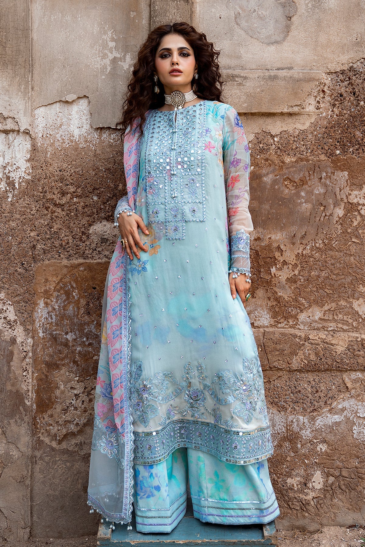 CHARIZMA VASAL LUXURY EMBROIDERED CHIFFON 3 PIECE-VOL-1-Skyblue