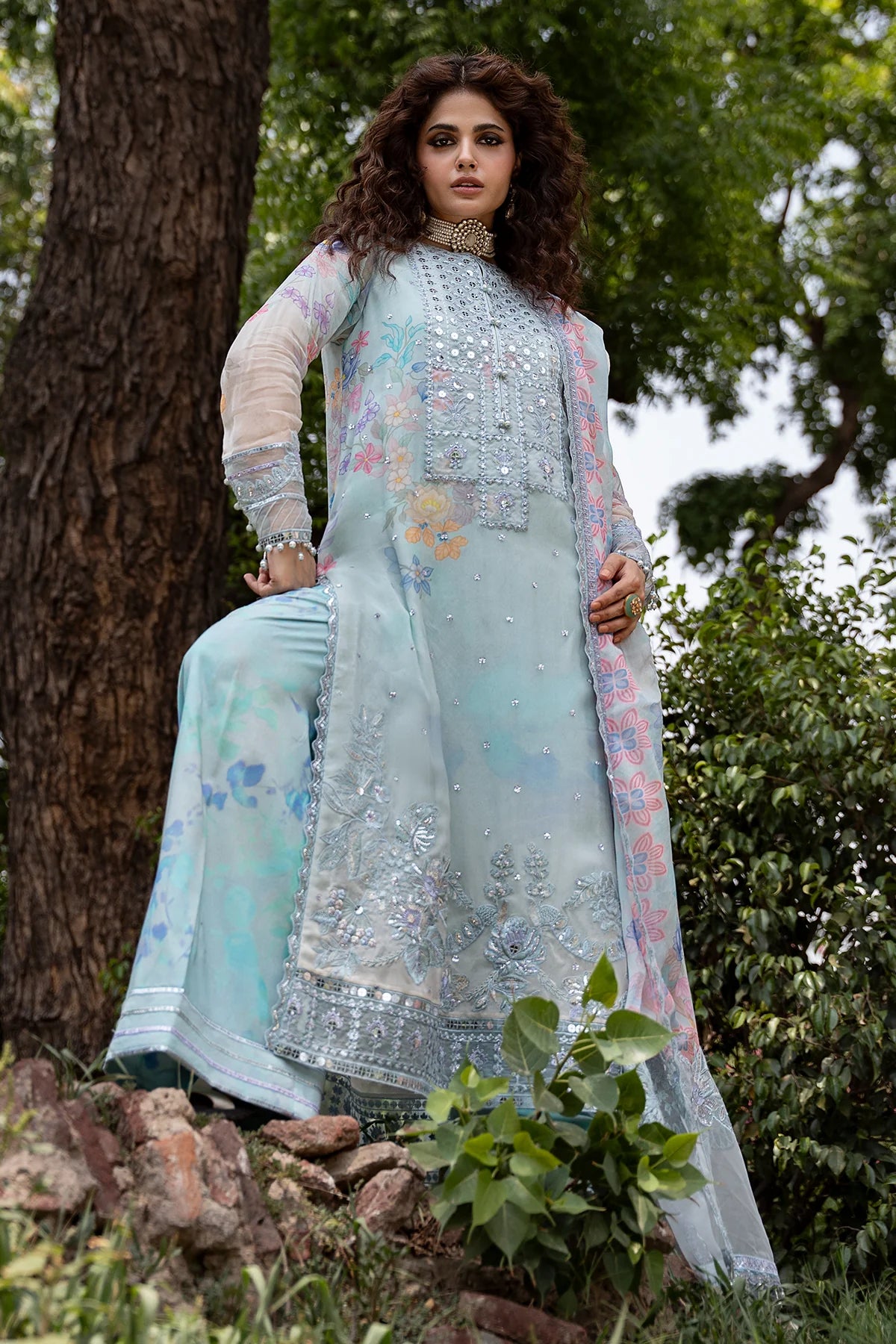 CHARIZMA VASAL LUXURY EMBROIDERED CHIFFON 3 PIECE-VOL-1-Skyblue